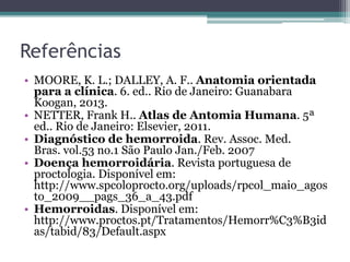 Referências
• MOORE, K. L.; DALLEY, A. F.. Anatomia orientada
para a clínica. 6. ed.. Rio de Janeiro: Guanabara
Koogan, 2013.
• NETTER, Frank H.. Atlas de Antomia Humana. 5ª
ed.. Rio de Janeiro: Elsevier, 2011.
• Diagnóstico de hemorroida. Rev. Assoc. Med.
Bras. vol.53 no.1 São Paulo Jan./Feb. 2007
• Doença hemorroidária. Revista portuguesa de
proctologia. Disponível em:
http://www.spcoloprocto.org/uploads/rpcol_maio_agos
to_2009__pags_36_a_43.pdf
• Hemorroidas. Disponível em:
http://www.proctos.pt/Tratamentos/Hemorr%C3%B3id
as/tabid/83/Default.aspx
 