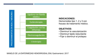 INDICACIONES:
Hemorroides tipo 1, 2 y 3 con
fracaso de tratamiento médico.
OBJETIVOS:
• Disminuir la vascularización
• Disminuir tejido redundante
• Fijar o disminuir el prolapso
MANEJO DE LA ENFERMEDAD HEMORROIDAL EMJ Gastroenterol. 2017
 