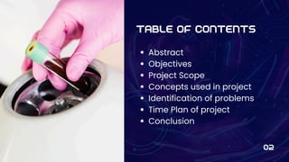 TABLE OF CONTENTS
Abstract
Objectives
Project Scope
Concepts used in project
Identification of problems
Time Plan of project
Conclusion
02
 