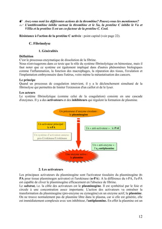 Avez-vous noté les différentes actions de la thrombine? Pouvez-vous les mentionner?
L'antithrombine inhibe surtout la thrombine et le Xa, la protéine C inhibe le Va et
VIIIa et la protéine S est un co-facteur de la protéine C. Cool.
Résistance à l'action de la protéine C activée : point capital (voir page 22).
C. Fibrinolyse
1. Généralités
Définition
C'est le processus enzymatique de dissolution de la fibrine.
Nous n'envisagerons dans ce texte que le rôle du système fibrinolytique en hémostase, mais il
faut noter que ce système est également impliqué dans d'autres phénomènes biologiques
comme l'inflammation, la fonction des macrophages, la réparation des tissus, l'ovulation et
l'implantation embryonnaire dans l'utérus, voire même la métastatisation des cancers.
Le principe
Quand un processus de coagulation intervient, il y a le déclenchement simultané de la
fibrinolyse qui permettra de limiter l'extension d'un caillot et de le lyser.
Les acteurs
Le système fibrinolytique (comme celui de la coagulation) consiste en une cascade
d'enzymes. Il y a des activateurs et des inhibiteurs qui régulent la formation de plasmine.
Un précurseur d’enzyme circulant :
le plasminogène
Un activateur principal :
le t-PA
Un activateur principal :
le t-PA
Un système d’activation annexe :
pro-Urokinase/Urokinase
Un système d’activation annexe :
pro-Urokinase/Urokinase
Un « anti-activateur » : le PAIUn « anti-activateur » : le PAI
Une enzyme active :
la plasmine
Une enzyme active :
la plasmine
Un « anti-enzyme » :
l’α2-antiplasmine
Un « anti-enzyme » :
l’α2-antiplasmine
Un précurseur d’enzyme circulant :
le plasminogène
Un précurseur d’enzyme circulant :
le plasminogène
Un activateur principal :
le t-PA
Un activateur principal :
le t-PA
Un système d’activation annexe :
pro-Urokinase/Urokinase
Un système d’activation annexe :
pro-Urokinase/Urokinase
Un « anti-activateur » : le PAIUn « anti-activateur » : le PAI
Une enzyme active :
la plasmine
Une enzyme active :
la plasmine
Un « anti-enzyme » :
l’α2-antiplasmine
Un « anti-enzyme » :
l’α2-antiplasmine
2. Les activateurs
Les principaux activateurs du plasminogène sont l'activateur tissulaire du plasminogène (t-
PA pour tissue plasminogen activator) et l'urokinase (u-PA). A la différence du t-PA, l'u-PA
est capable de cliver le plasminogène efficacement en l'absence de fibrine.
Le substrat, i.e. la cible des activateurs est le plasminogène. Il est synthétisé par le foie et
circule à une concentration assez importante. L'action des activateurs va entraîner la
transformation du plasminogène (pro-enzyme ou zymogène) en un enzyme actif, la plasmine.
On ne trouve normalement pas de plasmine libre dans le plasma, car si elle est générée, elle
est immédiatement complexée avec son inhibiteur, l'antiplasmine. En effet la plasmine est un
12
 