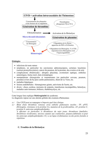 CIVD = activation intravasculaire de l’hémostase
Fibrinoformation
Consommation des plaquettes
et des facteurs de la coagulation
Micro-thrombi disséminés
Génération de thrombine
Consommation
du fibrinogène
Thrombopénie
allongement TQ et TCA
Activation de la fibrinolyse
Génération de plasmine
Hémorragies
• Dégradation de la fibrine ;
apparition de PDF et D-Dimères
• Dégradation du fibrinogène, V et VIII ;
majoration de la fibrinopénie et de
l’hypocoagulabilité
Etiologies
• infections de toute nature
• néoplasies, en particulier les carcinomes adénomucipares, certaines leucémies
(surtout promyélocytaires), cancer du poumon, de la prostate, des ovaires et du sein
• complications obstétricales : abruptio placentae, avortement septique, embolies
amniotiques, foetus mort, états éclamptiques
• manipulations chirurgicales et traumatismes (en particulier cerveau, poumon,
prostate) et lors de by-pass cardio-pulmonaires, shunt de Le Veen, etc.
• maladies hépatiques
• lésions endothéliales : hémangiomes géants, anévrisme de l'aorte, etc.
• divers : chocs, acidose, morsures de serpents, transfusions incompatibles, hémolyse,
maladies auto-immunes, brûlures, rhabdomyolyse, etc.
Cette longue liste explique l'hétérogénéité du syndrome.
Le diagnostic repose sur une atteinte globale des examens d'hémostase.
Une CIVD peut accompagner n'importe quel état clinique.
Bilan d'une thrombose veineuse et/ou embolie pulmonaire insolite : TP, aPTT,
fibrinogène, résistance à la protéine Ca, mutation de la prothrombine, AT, protéine C,
protéine S, anticorps antiphospholipides.
A effectuer en particulier si thromboses du sujet jeune, thromboses familiales,
thromboses récidivantes, nécrose cutanée aux coumarines, purpura fulminans et pour
les anticorps antiphospholipides s'il y a un lupus érythémateux ou des pertes foetales à
répétition.
C. Troubles de la fibrinolyse
23
 