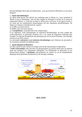 On peut distinguer deux types de médicaments : ceux qui activent la fibrinolyse et ceux qui la
bloquent.
• Agents thrombolytiques
Un agent idéal devrait être sélectif non seulement pour la fibrine (i.e. lyser seulement la
fibrine et pas le fibrinogène), mais de plus capable de distinguer la bonne de la mauvaise
(réparatrice) fibrine, i.e. celle qui est dans le caillot qu'on veut lyser. Si cet agent existait, il
n'y aurait pas de complications hémorragiques lors des traitements thrombolytiques. On
dispose en clinique essentiellement de 3 agents :
a) le t-PA, activateur naturel,
b) l'u-PA, autre activateur naturel,
c) la streptokinase, un produit dérivé des streptocoques.
Il est important, avant d'entreprendre un traitement thrombolytique, de tenir compte des
contre-indications, en particulier d'estimer s'il y a un risque de saignement important (par
exemple il ne faut pas thrombolyser des patient(e)s qui ont un ulcère d'estomac, une chirurgie
récente ou une HTA sévère).
Les principales indications à un traitement thrombolytique sont l'infarctus du myocarde et
les occlusions artérielles de différents types.
• Agents bloquant la fibrinolyse
Les deux agents les plus utilisés en clinique sont l'acide tranexamique et l'aprotinine.
L'acide tranexamique (anti-activateur du plasminogène) est surtout utilisé pour les patients
ayant des tendances aux saignements (hémophile, von Willebrand), en particulier en cas
d'intervention dentaire. L'aprotinine (anti-plasmine) est utilisée en cas de transplantation
hépatique (forte génération de plasmine) et de chirurgie cardiaque.
PDF
D-dimères
Plasminogène
Plasmine
t-PAt-PA
aprotinine
→ inhibe la plasmine
acide tranexamique
→ s’oppose à la fixation
du plasminogène
à la fibrine PDF
D-dimères
PDF
D-dimères
PlasminogènePlasminogène
Plasmine
t-PAt-PA
aprotinine
→ inhibe la plasmine
acide tranexamique
→ s’oppose à la fixation
du plasminogène
à la fibrine
OUF, FINI
27
 