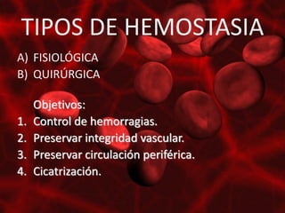 TIPOS DE HEMOSTASIA
A) FISIOLÓGICA
B) QUIRÚRGICA

     Objetivos:
1.   Control de hemorragias.
2.   Preservar integridad vascular.
3.   Preservar circulación periférica.
4.   Cicatrización.
 