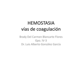 HEMOSTASIA
 vías de coagulación
Brady Del Carmen Blancarte Flores
             Gpo. IV-3
 Dr. Luis Alberto González García
 