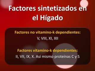 Factores sintetizados en
       el Hígado
 Factores no vitamino-k dependientes:
              V, VIII, XI, XII

    Factores vitamino-k dependientes:
  II, VII, IX, X. Así mismo proteínas C y S
 