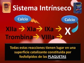 Sistema Intrínseco
     Calcio                        Calcio

XIIa  XIa IXa 
Trombina VIIIa 
                  X
 Todas estas reacciones tienen lugar en una
   superficie catalizante constituida por
       fosfolípidos de las PLAQUETAS
 