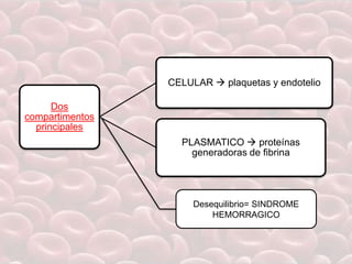 Dos
compartimentos
principales
CELULAR  plaquetas y endotelio
PLASMATICO  proteínas
generadoras de fibrina
Desequilibrio= SINDROME
HEMORRAGICO
 