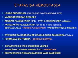 ETAPAS DA HEMOSTASIA
 LESÃO ENDOTELIAL (EXPOSIÇÃO DO COLÁGENO E FVW)
 VASOCONSTRIÇÃO REFLEXA
 ADESÃO PLAQUETÁRIA (GPIb + FVW) E ATIVAÇÃO (ADP, colágeno)
 AGREGAÇÃO PLAQUETÁRIA (GP IIb IIIa + fibrinogênio) E
DEGRANULAÇÃO TROMBO PLAQUETÁRIO (VASOCONSTRIÇÃO INDUZIDA)

 ATIVAÇÃO DA CASCATA DE COAGULAÇÃO SANGÜÍNEA (F3plaq)
 FORMAÇÃO DE FIBRINA – COÁGULO ESTÁVEL
 REPARAÇÃO DO VASO SANGÜÍNEO LESADO
 ATIVAÇÃO DO SISTEMA FIBRINOLÍTICO - FIBRINÓLISE
 RESTAURAÇÃO E RECANALIZAÇÃO DO VASO SANGÜÍNEO

 