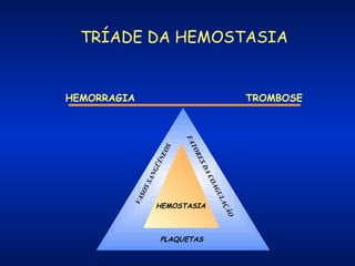 TRÍADE DA HEMOSTASIA

TROMBOSE

PLAQUETAS

O
ÇÃ

VA
S

HEMOSTASIA

LA
GU
OA

OS
S

AC
SD
RE
TO
FA

AN
GÜ
ÍN
EO
S

HEMORRAGIA

 