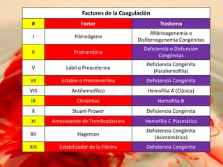 Factores de la Coagulación
#

Factor

Trastorno

I

Fibrinógeno

Afibrinogenemia o
Disfibrnogenemia Congénitas

II

Protrombina

Deficiencia o Disfunción
Congénitas

V

Lábil o Preacelerina

Deficiencia Congénita
(Parahemofilia)

VII

Estable o Preconvertina

Deficiencia Congénita

VIII

Antihemofílico

Hemofilia A (Clásica)

IX

Christmas

Hemofilia B

X

Stuart-Prower

Deficiencia Congénita

XI

Antecedente de Tromboplastina

Hemofilia C Plasmática

XII

Hageman

Deficiencia Congénita
(Asintomática)

XIII

Estabilizador de la Fibrina

Deficiencia Congénita

 