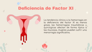 Deﬁciencia de Factor XI
La tendencia clínica a la hemorragia en
la deﬁciencia del factor XI es menos
grave, las hemorragias traumáticas y
quirúrgicas afectan de forma típica a
las mucosas, mujeres pueden sufrir una
menorragia signiﬁcativa.
 