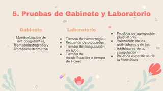 5. Pruebas de Gabinete y Laboratorio
Gabinete
Monitorización de
anticoagulantes,
Tromboelastograﬁa y
Tromboelastrometria
● Tiempo de hemorragia
● Recuento de plaquetas
● Tiempo de coagulación
en tubo
● Tiempo de
recalciﬁcación o tiempo
de Howell
Laboratorio
● Pruebas de agregación
plaquetaria
● Valoración de los
activadores y de los
inhibidores de la
coagulación
● Pruebas especíﬁcas de
la ﬁbrinólisis
 