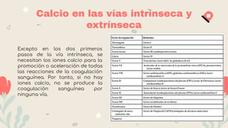 Calcio en las vías intrínseca y
extrínseca
Excepto en los dos primeros
pasos de la vía intrínseca, se
necesitan los iones calcio para la
promoción o aceleración de todas
las reacciones de la coagulación
sanguínea. Por tanto, si no hay
iones calcio, no se produce la
coagulación sanguínea por
ninguna vía.
 