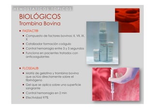 HEMOSTATICOS TOPICOS

 BIOLÓGICOS
 Trombina Bovina
   FASTACT®
     Compuesto de factores bovinos: II, VII, IX,
      X
     Catalizador formación coágulo
     Control hemorragia entre 3 y 5 segundos
     Funciona en pacientes tratados con
      anticoagulantes



   FLOSEAL®
     Matriz de gelatina y trombina bovina
      que actúa directamente sobre el
      fibrinógeno
     Gel que se aplica sobre una superficie
      sangrante
     Control hemorragia en 2 min
     Efectividad 97%
 