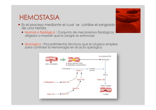 HEMOSTASIA
  Es el proceso mediante el cual se cohibe el sangrado
   de una herida.
   Normal o fisiológica : Conjunto de mecanismos fisiológicos
    dirigidos a impedir que la sangre se extravase

   Quirúrgica : Procedimientos técnicos que el cirujano emplea
    para controlar la hemorragia en el acto quirúrgico
 