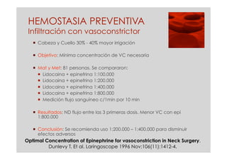 HEMOSTASIA PREVENTIVA
 Infiltración con vasoconstrictor
     Cabeza y Cuello 30% - 40% mayor irrigación

     Objetivo: Mínima concentración de VC necesaria

     Mat y Met: 81 personas. Se compararon:
        Lidocaina + epinefrina 1:100.000
        Lidocaina + epinefrina 1:200.000
        Lidocaina + epinefrina 1:400.000
        Lidocaina + epinefrina 1:800.000
        Medición flujo sanguíneo c/1min por 10 min

     Resultados: ND flujo entre las 3 primeras dosis. Menor VC con epi
      1:800.000

     Conclusión: Se recomienda uso 1:200.000 – 1:400.000 para disminuir
      efectos adversos
Optimal Concentration of Epinephrine for vasoconstriction in Neck Surgery.
         Dunlevy T. Et al. Laringoscope 1996 Nov;106(11):1412-4.
 