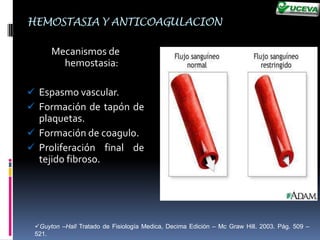 N Engl J Med 2008;359:938-49. Copyright © 2008 Massachusetts MedicalSociety.HEMOSTASIA Y ANTICOAGULACIONMecanismos de  hemostasia:Espasmo vascular.