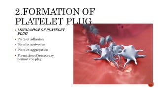  MECHANISM OF PLATELET
PLUG
 Platelet adhesion
 Platelet activation
 Platelet aggregation
 Formation of temporary
hemostatic plug
 
