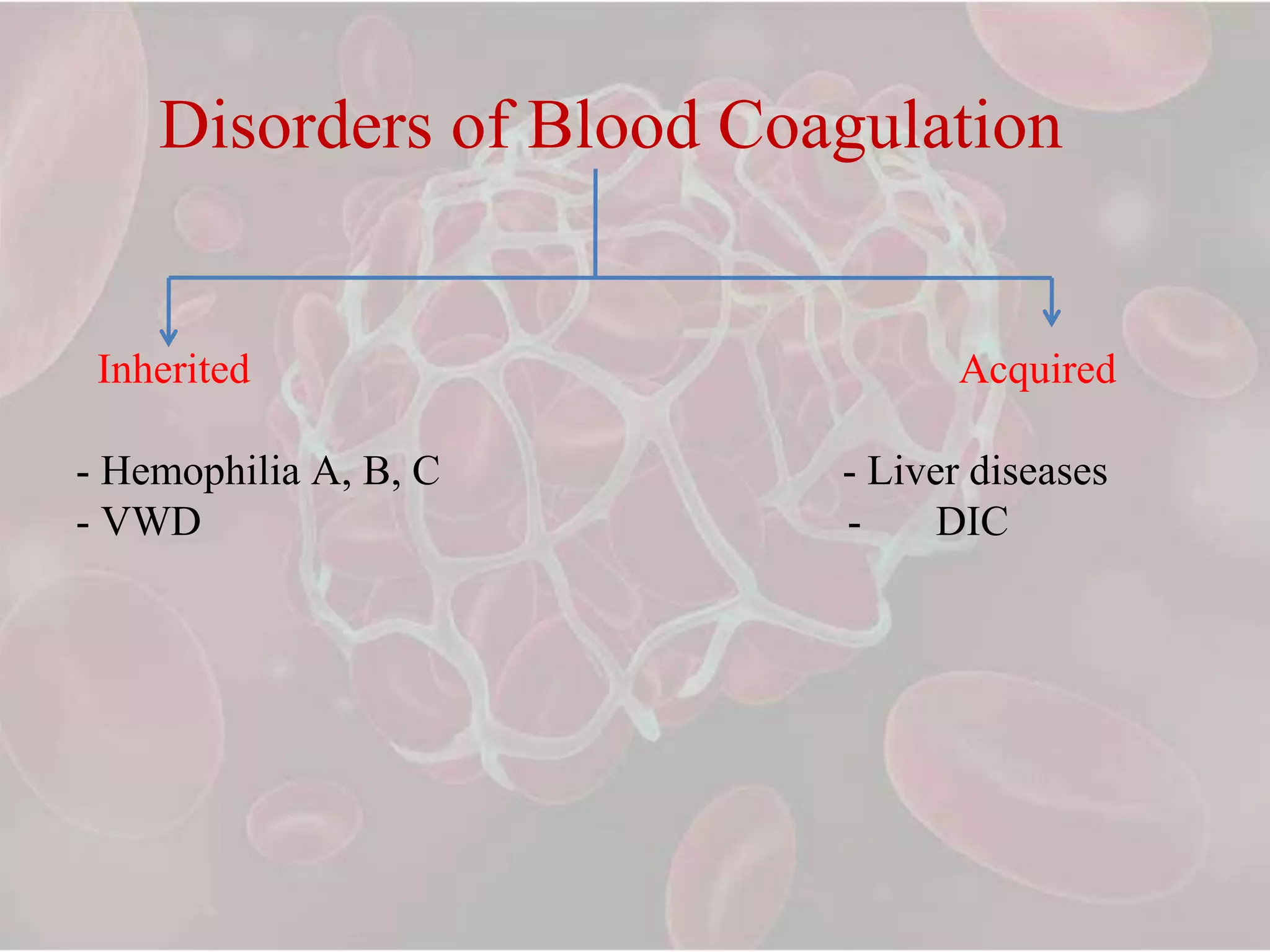 Disorders of Blood Coagulation
Inherited Acquired
- Hemophilia A, B, C - Liver diseases
- VWD - DIC
 