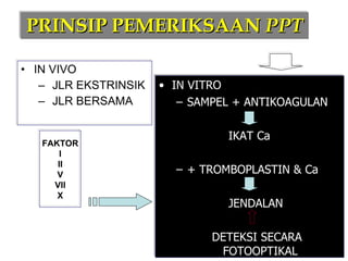 PRINSIP PEMERIKSAAN  PPT IN VIVO JLR EKSTRINSIK JLR BERSAMA FAKTOR I II V VII X IN VITRO SAMPEL + ANTIKOAGULAN IKAT Ca + TROMBOPLASTIN & Ca JENDALAN   DETEKSI SECARA    FOTOOPTIKAL 