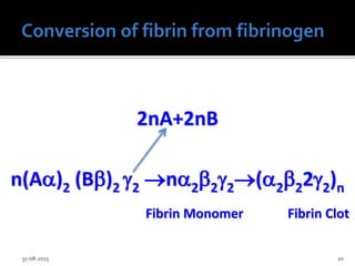 31-08-2015 20
2nA+2nB
n(A)2 (B)2 2 n222(2222)n
Fibrin Monomer Fibrin Clot
 