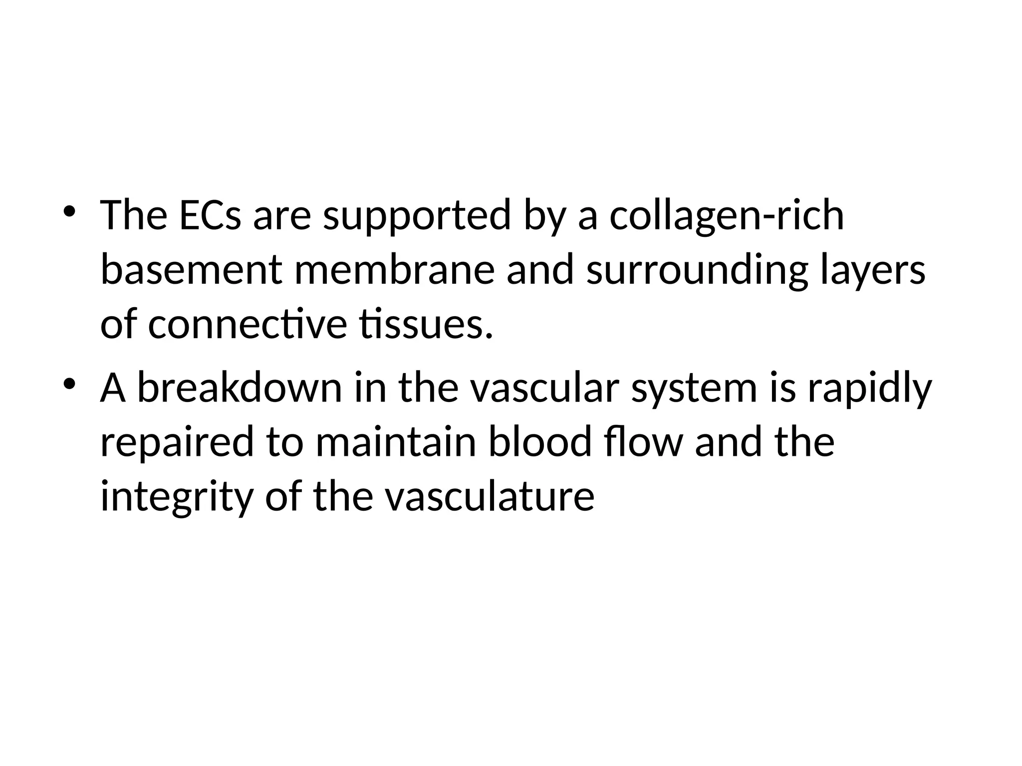 • The ECs are supported by a collagen-rich
basement membrane and surrounding layers
of connective tissues.
• A breakdown in the vascular system is rapidly
repaired to maintain blood flow and the
integrity of the vasculature
 