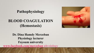 Pathophysiology
BLOOD COAGULATION
(Hemostasis)
Dr. Dina Hamdy Merzeban
Physiology lecturer
Fayoum university
www.facebook.com/merzeban physiology
 