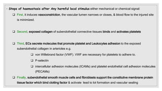 ◦ Steps of haemostasis after Any harmful local stimulus either mechanical or chemical signal:
 First, it induces vasoconstriction, the vascular lumen narrows or closes, & blood flow to the injured site
is minimized.
 Second, exposed collagen of subendothelial connective tissues binds and activates platelets
 Third, ECs secrete molecules that promote platelet and Leukocytes adhesion to the exposed
subendothelial collagen in arterioles e.g.
 von Willebrand factor (VWF). VWF are necessary for platelets to adhere to.
 P-selectin
 intercellular adhesion molecules (ICAMs) and platelet endothelial cell adhesion molecules
(PECAMs)
 Finally, subendothelial smooth muscle cells and fibroblasts support the constitutive membrane protein
tissue factor which bind clotting factor & activate lead to lot formation and vascular sealing
 