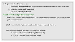  Coagulation is divided into three phases:
1. Formation of Prothrombin activator (initiated by intrinsic mechanism like trauma to the blood vessel)
2. Conversion of prothrombin into thrombin
3. Conversion of fibrinogen into fibrin
Phase 1: Formation of prothrombin activator
 Blood clotting commences with the formation of a substance called prothrombin activator, which converts
prothrombin into thrombin.
 Its formation is initiated by substances either within the blood or outside the blood.
 Formation of prothrombin activator occurs through two pathways:
1. Intrinsic Pathway (initiated by damage blood vessels)
2. Extrinsic Pathway (initiated by damage tissues)
 