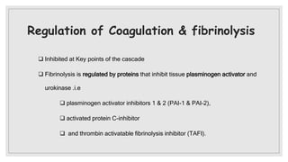 Regulation of Coagulation & fibrinolysis
 Inhibited at Key points of the cascade
 Fibrinolysis is regulated by proteins that inhibit tissue plasminogen activator and
urokinase .i.e
 plasminogen activator inhibitors 1 & 2 (PAI-1 & PAI-2),
 activated protein C-inhibitor
 and thrombin activatable fibrinolysis inhibitor (TAFI).
 