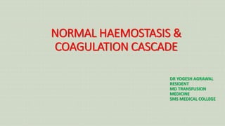 NORMAL HAEMOSTASIS &
COAGULATION CASCADE
DR YOGESH AGRAWAL
RESIDENT
MD TRANSFUSION
MEDICINE
SMS MEDICAL COLLEGE
 