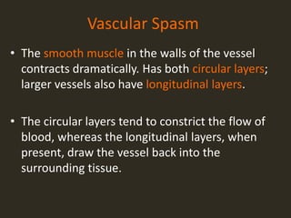 Vascular Spasm
• The smooth muscle in the walls of the vessel
contracts dramatically. Has both circular layers;
larger ves...