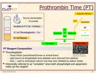 Prothrombin Time (PT)
                       Time for clot formation
                           ~ 12 seconds

            Incubate at 37 oC for ~3 minutes

            0.1 ml Thromboplastin + Ca++

            0.1 ml Plasma



PT Reagent Composition
   Thromboplastin
                                                                                    Credit: PNAS; Collet JP and
     − Tissue Factor (recombinant/human or animal brain)                 Weisel JW. Un Pennsylvannia

     − Lipid (source of phospholipid since platelets were removed from plasma)
     − CaCl2 – used to reintroduce calcium ions that were chelated by sodium citrate
   Historically referred to as “complete” since both phospholipid and apoprotein
   make up the reagent

www.CLOT-ED.com                                                                                                   30
 