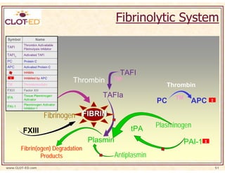 Fibrinolytic System



                                             TAFI
                           Thrombin     TM
                                                             Thrombin
                                     TAFIa                      TM
                                                          PC          APC        ‡



                  Fibrinogen FIBRIN
                                                 tPA      Plasminogen
        FXIII
                                  Plasmin                            PAI-1   ‡

       Fibrin(ogen) Degradation
               Products                     Antiplasmin
www.CLOT-ED.com                                                                      51
 
