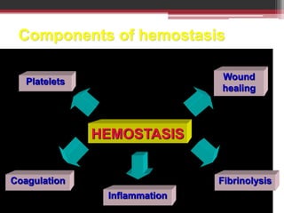 Components of hemostasis
Hemostasis is a complex process and actually comprises a number of distinct, but
closely linked biochemical systems. The blood platelets are responsible for
primary hemostasis and for providing the framework for subsequent coagulation
and wound healing. Fibrinolysis is required for the removal of fibrin that is no
longer needed and for the eventual remodeling of the injured area. All these
systems are closely linked to inflammation, especially through contact activation
of FXII.
Platelets
Coagulation
Inflammation
Wound
healing
HEMOSTASIS
Fibrinolysis
 