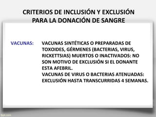 VACUNAS: VACUNAS SINTÉTICAS O PREPARADAS DE
TOXOIDES, GÉRMENES (BACTERIAS, VIRUS,
RICKETTSIAS) MUERTOS O INACTIVADOS: NO
SON MOTIVO DE EXCLUSIÓN SI EL DONANTE
ESTA AFEBRIL.
VACUNAS DE VIRUS O BACTERIAS ATENUADAS:
EXCLUSIÓN HASTA TRANSCURRIDAS 4 SEMANAS.
 