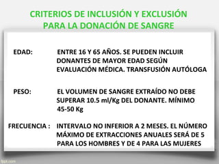 CRITERIOS DE INCLUSIÓN Y EXCLUSIÓN
PARA LA DONACIÓN DE SANGRE
EDAD: ENTRE 16 Y 65 AÑOS. SE PUEDEN INCLUIR
DONANTES DE MAYOR EDAD SEGÚN
EVALUACIÓN MÉDICA. TRANSFUSIÓN AUTÓLOGA
PESO: EL VOLUMEN DE SANGRE EXTRAÍDO NO DEBE
SUPERAR 10.5 ml/Kg DEL DONANTE. MÍNIMO
45-50 Kg
FRECUENCIA : INTERVALO NO INFERIOR A 2 MESES. EL NÚMERO
MÁXIMO DE EXTRACCIONES ANUALES SERÁ DE 5
PARA LOS HOMBRES Y DE 4 PARA LAS MUJERES
 