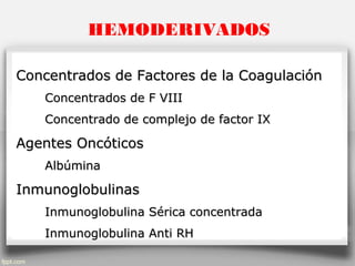 Concentrados de Factores de la CoagulaciónConcentrados de Factores de la Coagulación
• Concentrados de F VIIIConcentrados de F VIII
• Concentrado de complejo de factor IXConcentrado de complejo de factor IX
Agentes OncóticosAgentes Oncóticos
• AlbúminaAlbúmina
InmunoglobulinasInmunoglobulinas
• Inmunoglobulina Sérica concentradaInmunoglobulina Sérica concentrada
• Inmunoglobulina Anti RHInmunoglobulina Anti RH
HEMODERIVADOS
 