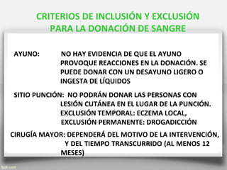 CRITERIOS DE INCLUSIÓN Y EXCLUSIÓN
PARA LA DONACIÓN DE SANGRE
AYUNO: NO HAY EVIDENCIA DE QUE EL AYUNO
PROVOQUE REACCIONES EN LA DONACIÓN. SE
PUEDE DONAR CON UN DESAYUNO LIGERO O
INGESTA DE LÍQUIDOS
SITIO PUNCIÓN: NO PODRÁN DONAR LAS PERSONAS CON
LESIÓN CUTÁNEA EN EL LUGAR DE LA PUNCIÓN.
EXCLUSIÓN TEMPORAL: ECZEMA LOCAL,
EXCLUSIÓN PERMANENTE: DROGADICCIÓN
CIRUGÍA MAYOR: DEPENDERÁ DEL MOTIVO DE LA INTERVENCIÓN,
Y DEL TIEMPO TRANSCURRIDO (AL MENOS 12
MESES)
 