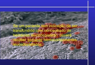 Se um paciente tem indicação de ser
transfundido com concentrado de
hemácias leucodepletado, deverá
receber somente hemocomponentes
leucodepletados.
 