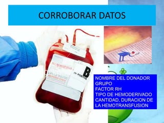 CORROBORAR DATOS 
NOMBRE DEL DONADOR 
GRUPO 
FACTOR RH 
TIPO DE HEMODERIVADO 
CANTIDAD, DURACION DE 
LA HEMOTRANSFUSION 
 