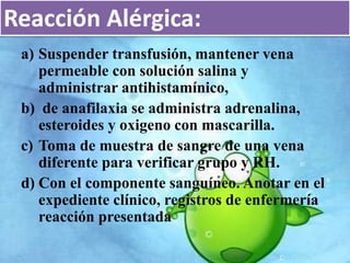 Reacción Alérgica: 
a) Suspender transfusión, mantener vena 
permeable con solución salina y 
administrar antihistamínico, 
b) de anafilaxia se administra adrenalina, 
esteroides y oxigeno con mascarilla. 
c) Toma de muestra de sangre de una vena 
diferente para verificar grupo y RH. 
d) Con el componente sanguíneo. Anotar en el 
expediente clínico, registros de enfermería 
reacción presentada 
 