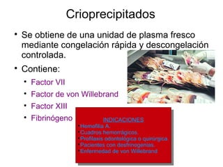 Crioprecipitados

Se obtiene de una unidad de plasma fresco
mediante congelación rápida y descongelación
controlada.

Contiene:

Factor VII

Factor de von Willebrand

Factor XIII

Fibrinógeno INDICACIONES

Hemofilia A.

Cuadros hemorrágicos.

Profilaxis odontológica o quirúrgica.

Pacientes con desfrinogenias.

Enfermedad de von Willebrand
INDICACIONES

Hemofilia A.

Cuadros hemorrágicos.

Profilaxis odontológica o quirúrgica.

Pacientes con desfrinogenias.

Enfermedad de von Willebrand
 