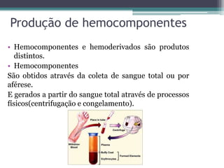 Produção de hemocomponentes
• Hemocomponentes e hemoderivados são produtos
distintos.
• Hemocomponentes
São obtidos através da coleta de sangue total ou por
aférese.
E gerados a partir do sangue total através de processos
físicos(centrifugação e congelamento).
 
