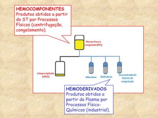 HEMOCOMPONENTES Produtos obtidos a partir do ST por Processos Físicos (centrifugação, congelamento). HEMODERIVADOS Produtos obtidos a partir do Plasma por Processos Físico-Químicos (industrial). 