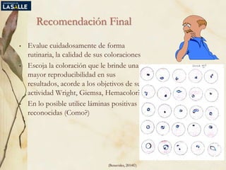Recomendación Final
• Evalue cuidadosamente de forma
rutinaria, la calidad de sus coloraciones
• Escoja la coloración que le brinde una
mayor reproducibilidad en sus
resultados, acorde a los objetivos de su
actividad Wright, Giemsa, Hemacolor?
• En lo posible utilice láminas positivas
reconocidas (Como?)
10
(Benavides, 2014©)
 