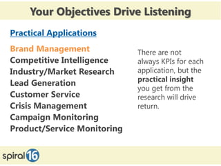 Your Objectives Drive Listening
Practical Applications
Brand Management             There are not
Competitive Intelligence     always KPIs for each
Industry/Market Research     application, but the
                             practical insight
Lead Generation
                             you get from the
Customer Service             research will drive
Crisis Management            return.
Campaign Monitoring
Product/Service Monitoring
 
