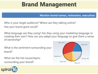 Brand Management
                             Monitor brand names, nicknames, executives

Who is your target audience? Where are they talking online?
Has your brand gone social?

What language are they using? Are they using your marketing language or
creating their own? How can you adapt your language to give them a sense
of ownership?

What is the sentiment surrounding your
brand?

What are the hot issues/topics
surrounding your brand?
 