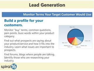 Lead Generation
                 Monitor Terms Your Target Customer Would Use
Build a profile for your
customers.
Monitor “buy” terms, common questions,
pain points, buzz words within your product
category.
Find out what prospects are saying about
your product/service and how it fits into the
industry. Learn what issues are important to
prospects.
Find forums, blogs where people are talking.
Identify those who are researching your
industry.
 