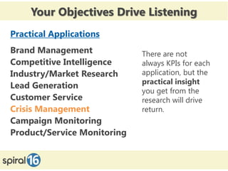 Your Objectives Drive Listening
Practical Applications
Brand Management             There are not
Competitive Intelligence     always KPIs for each
Industry/Market Research     application, but the
                             practical insight
Lead Generation
                             you get from the
Customer Service             research will drive
Crisis Management            return.
Campaign Monitoring
Product/Service Monitoring
 